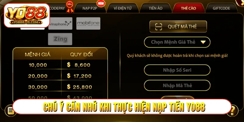 Chú ý cần nhớ khi thực hiện nạp tiền YO88